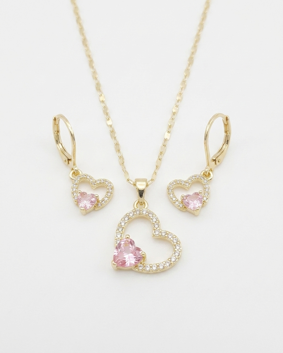 18K Gold Plated Pink Heart Halo Necklace & Earring Set
