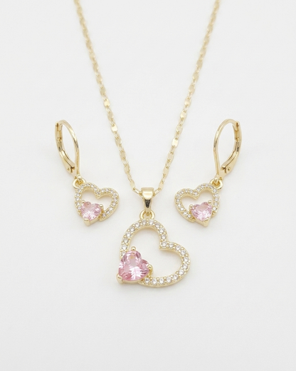 18K Gold Plated Pink Heart Halo Necklace & Earring Set