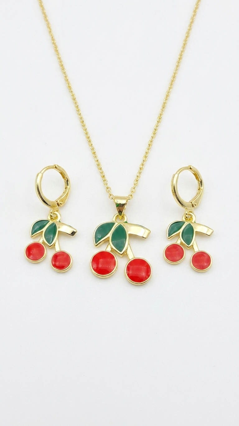 18K Gold Plated Sweet Cherry Enamel Necklace & Earring Set