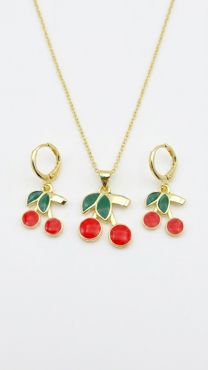 18K Gold Plated Sweet Cherry Enamel Necklace & Earring Set