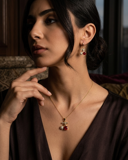 18K Gold Plated Cherry Duet Necklace &amp; Earring Set
