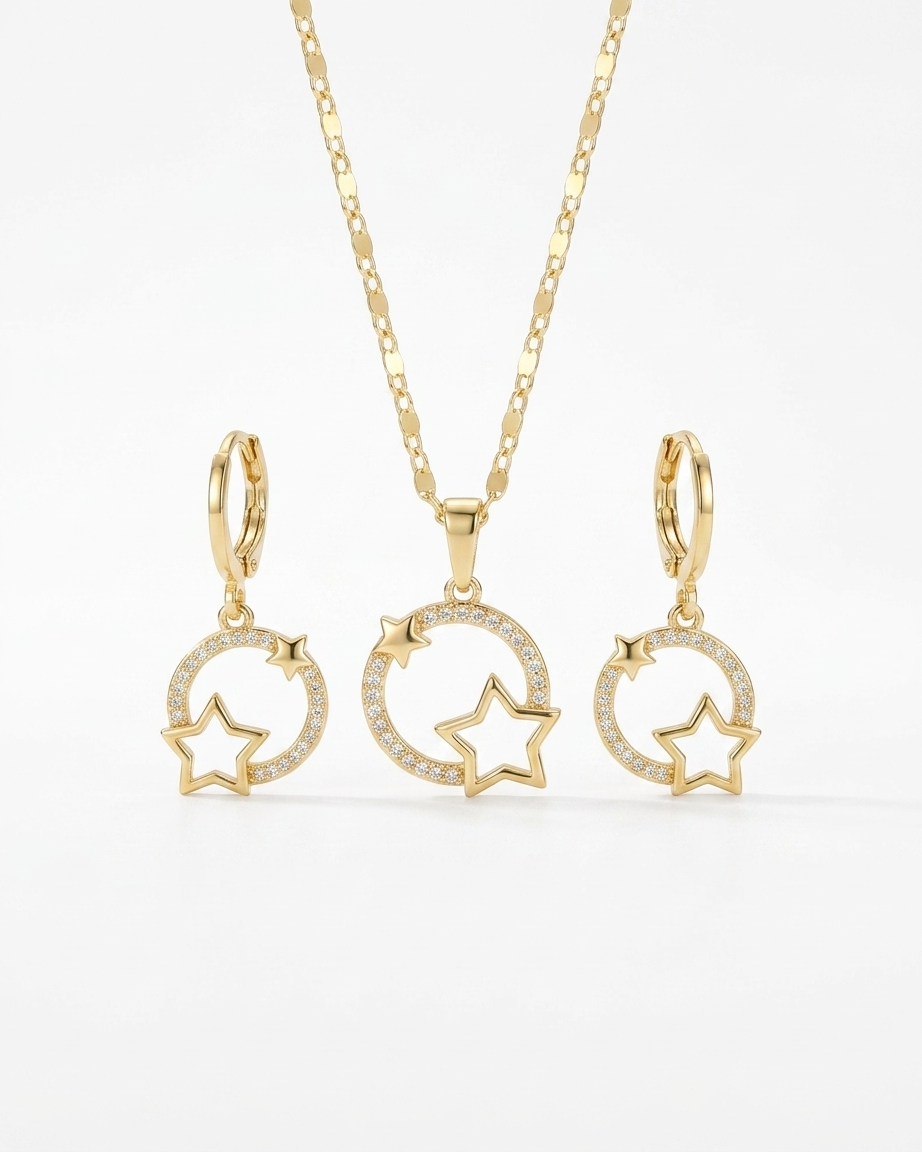 18K Gold Plated Celestial Star Halo Necklace & Earring Set