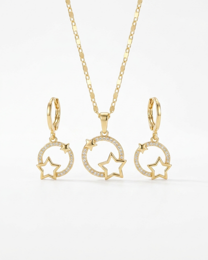 18K Gold Plated Celestial Star Halo Necklace & Earring Set